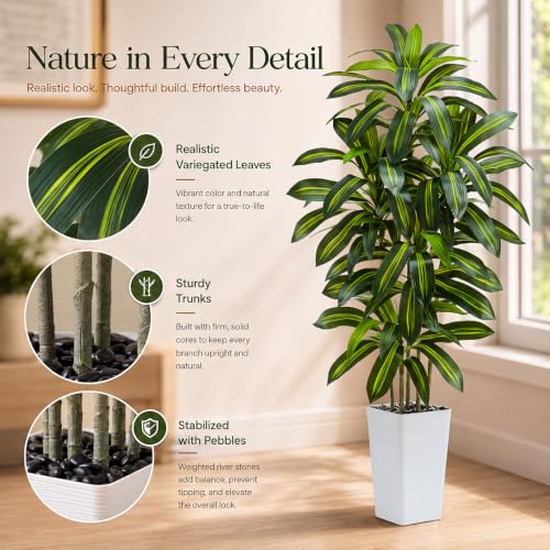 Dark Green Artificial Dracaena Tree 5FT Faux Plant with White Pot - Realistic Indoor Decor
