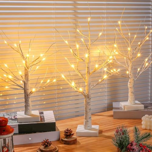 VIHOSE 3 Pcs Lighted Birch Tree Indoor Decor Set White Variation - 18/20/24 in