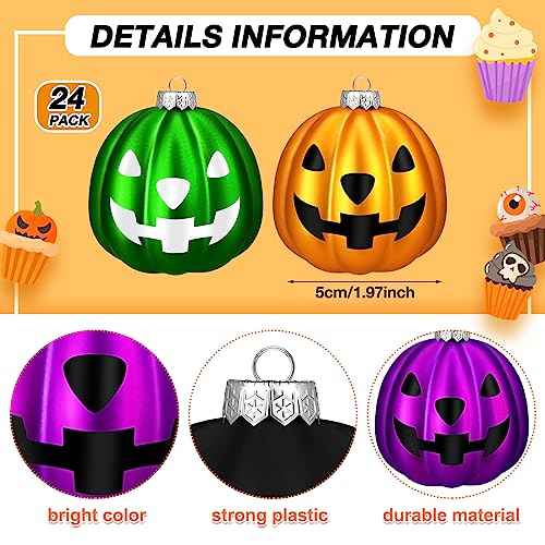 Zhanmai Pumpkin Hanging Ornaments Spooky Halloween Tree Decorations Mini Pumpkin Ball Jack O Lantern Tree Decorations for Scary Party Supplies(24 Pcs,Purple, Black, Green, Gold)