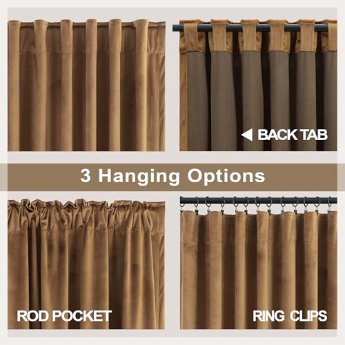 Velvet Room Darkening Curtains 52x84 Inches Set of 2 - Gold Brown Insulated Luxury Drapes