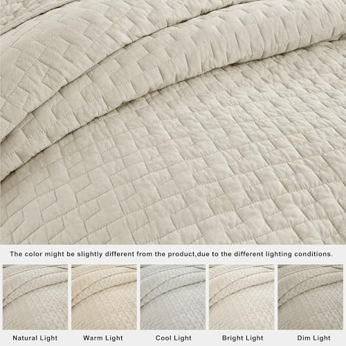 Palassio Beige 100% Cotton Quilt Set Queen Size with Pillow Shams - Lightweight Textured Bedspread, All-Season Comfort, 3 Pieces (Block-Beige / Queen 90"x96")