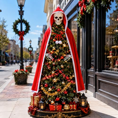 8-Inch Gothic Skull Tree Topper with Red Cloak & Skeleton Hands for Christmas Decor