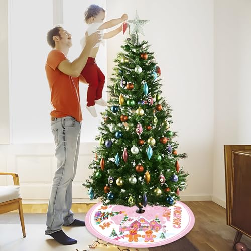 Pink Gingerbread Christmas Tree Skirt 48 Inch Holiday Decor for Living Room