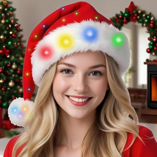 LED Light Up Christmas Santa Hat for Adults & Kids Holiday Party Headwear