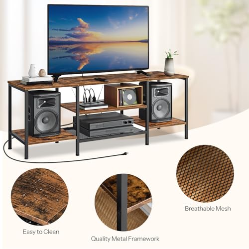55 Inch Rustic Brown & Black TV Stand with Power Outlets, Open Shelves - Supports 65" TV