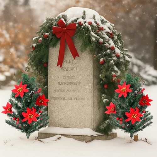 Giegxin 2 Pack Cemetery Christmas Tree with Poinsettia - 24 Inch Holiday Memorial Decor
