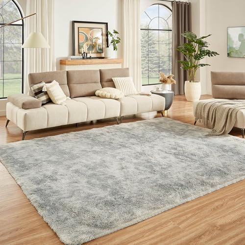 Tie-Dyed Light Grey Shag Area Rug 6x9 - Soft Fluffy Carpet for Living Room & Bedroom