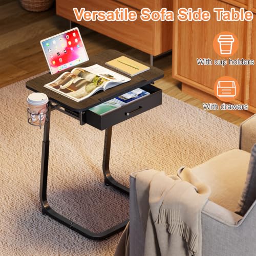 Adjustable Height TV Tray Table with Drawer & Cup Holder - Black