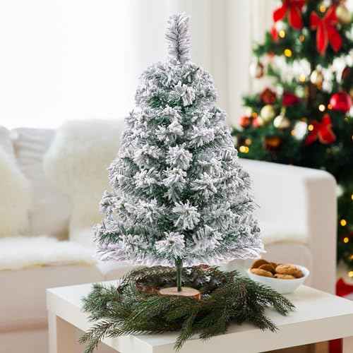 2Ft Artificial Christmas Tree Green Tabletop Christmas Tree with Snow Flocked Mini Xmas Pine Tree with Wooden Stand for Indoor Outdoor Holiday Home Decoration