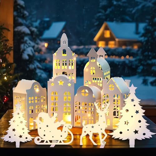 Christmas Village Houses Decor Set with Trees Reindeer Sleigh & Lights - Holiday Tabletop Display