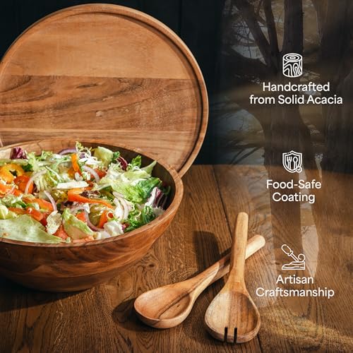 Natural 12.5 Inch Wooden Salad Bowl Set with Utensils, Lid, and Carry Strap