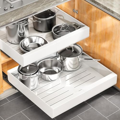 White Expandable Pull Out Cabinet Organizer 17"D×12-20"W with Heavy Duty Drawers