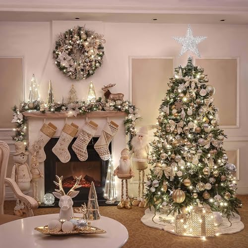 XIMISHOP Silver Glitter Christmas Tree Topper Star - 10 inch Holiday Decor