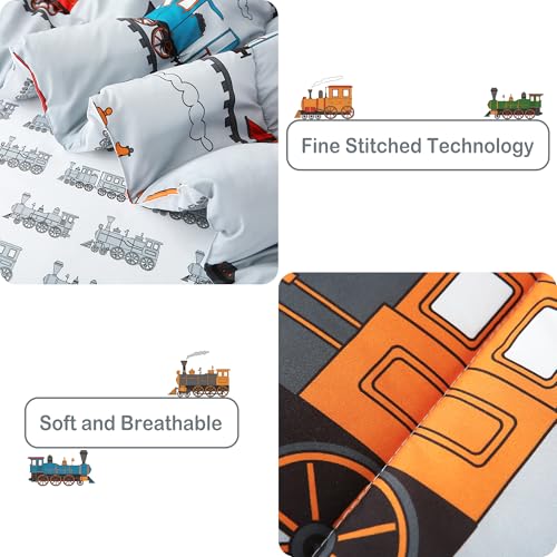 Viviland Kids Twin Bedding Sets with Light Grey Train Pattern, 5 Pieces - Comforter, Sheets & Pillowcase, Twin Size