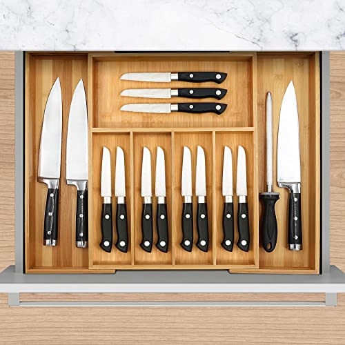 VaeFae Bamboo Drawer Organizer Large Natural - Expandable Silverware & Utensil Storage