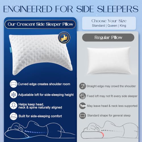 King Size Side Sleeper Pillows Set of 2 - Ergonomic Curved Memory Foam, Adjustable Fill, Cooling Cover