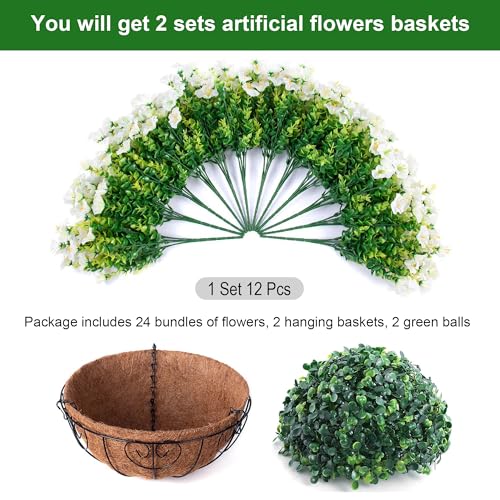 Ivydale 2 Pack Artificial Hanging Flower Baskets for Outdoors - White Morning Glory Faux Plants, UV Resistant, Realistic 24 Pcs Set