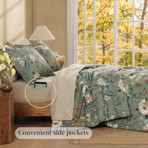 Avocado Green Floral Oversized Queen Comforter Set – 7-Piece Bed in a Bag, Farmhouse Bedding