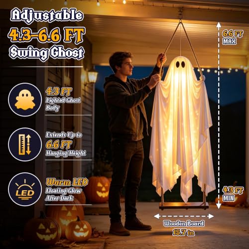 FlyQintess 4.3FT Hanging Ghost Halloween Decor with LED Lights, Outdoor Spooky Ghost for Yard & Porch