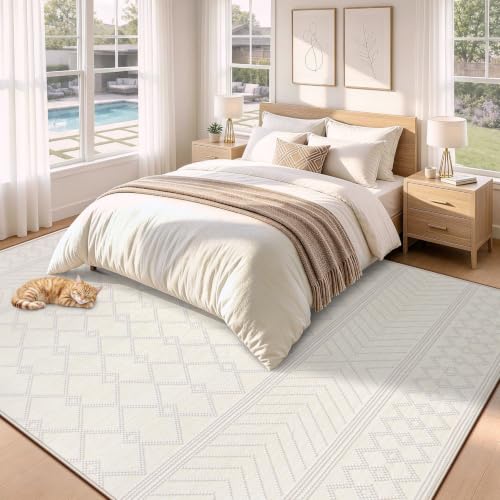 Washable Area Rug 8x10 Beige Moroccan Pattern Non-Slip Living Room Carpet