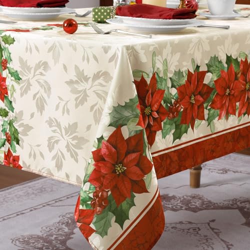 Romanstile Christmas Red Poinsettia Jacquard Rectangle Tablecloth 60x120 Inch Holiday Decor