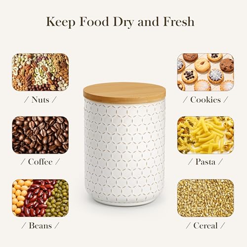White Ceramic Canisters Set with Airtight Lids - 3 Sizes Coffee Cookie Sugar Storage