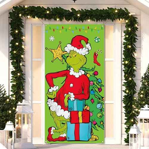 Vohado Green Christmas Door Cover Merry Christmas Winter Holiday Birthday Party Decoration Home Front Door Porch Banner
