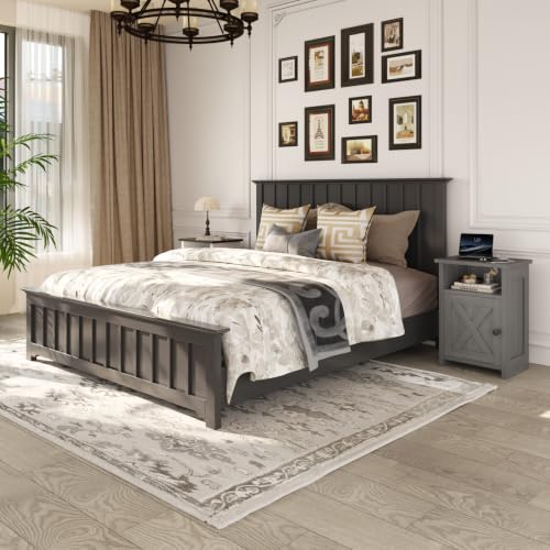 AURINEST Farmhouse End Table Set of 2 with Charging Station - Rustic Nightstands with Barn Door & Storage Shelf, Grey