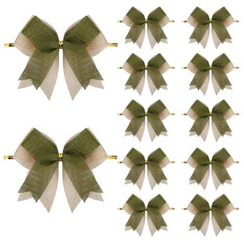12 Pcs Double-Layered Burlap Bows 4 Inch Hanging Bows Rustic Bow Decor for Christmas Trees Holiday Farmhouse Fall Wreath Decoration (Sage Green)