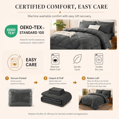 King Comforter Set 102x90 Dark Grey - 7 Piece Bed in a Bag - CozyLux
