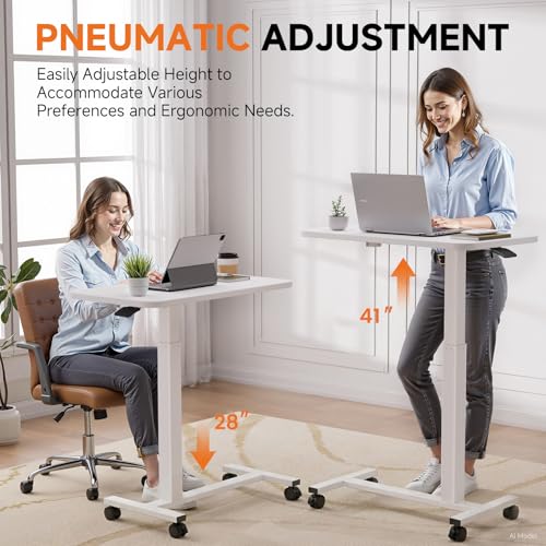 White GTPLAYER Adjustable Mobile Standing Desk with Lockable Wheels, Overbed Table, 32x18 inch
