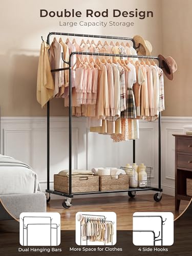HogHow Double Rod Rolling Clothes Rack with Wheels - Portable Garment Organizer for Bedroom & Laundry