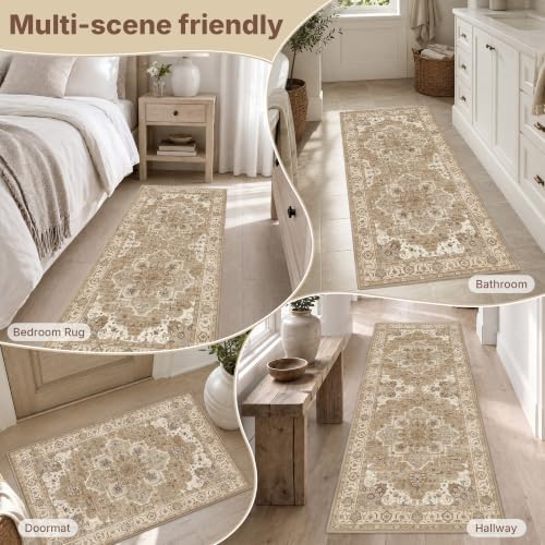 Beige Cream 3-Piece Kitchen Rug Set with Runner, Non-Slip Boho Mat, Washable Low Pile