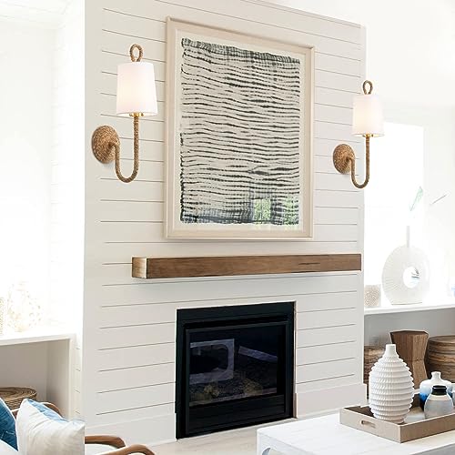 White Rattan Wall Sconce Set of 2 with Wicker Shade Boho Farmhouse Decor
