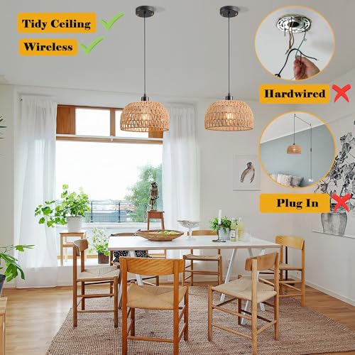 Brown Battery Operated Pendant Light with Remote - Rechargeable Rattan Chandelier No Wiring Needed for Kitchen & Ceiling