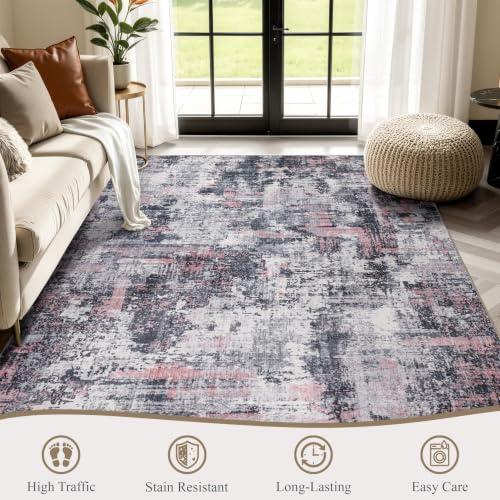 8x10 Washable Modern Abstract Area Rug - Black & Pink Rectangular