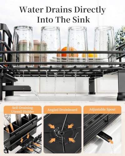 Black Expandable Dish Drying Rack for Kitchen Counter and Sink - Rust-Resistant Metal