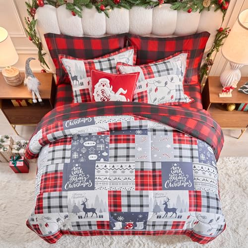 Christmas 7-Piece King Comforter Set with Red Gray Plaid Deer Snowflake - Bed in a Bag