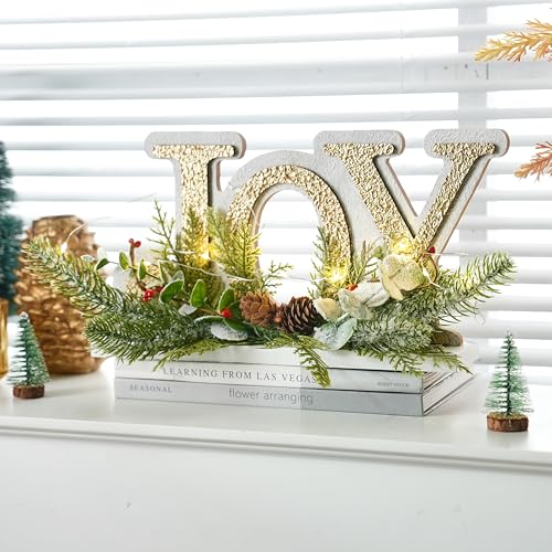 Lighted White and Gold Christmas Joy Sign Decoration Indoor - Festive Holiday Decor