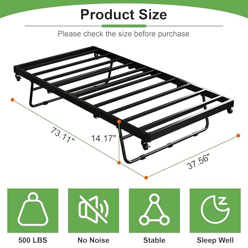 Twin Stand-Up Trundle Bed with Lockable Wheels - Black, Space-Saving