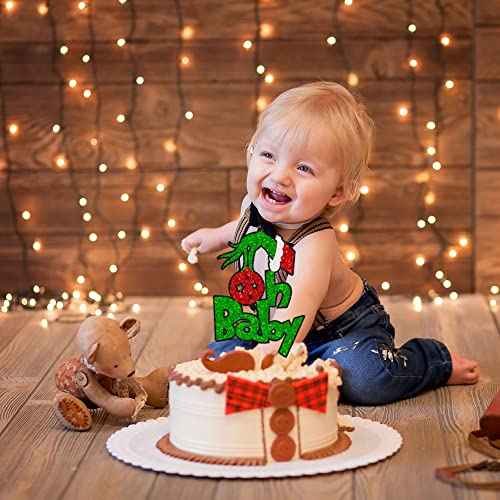 1Pcs Greench Christmas Oh Baby Cake Topper Glitter Shower Cake Pick Decorations for Greench Christmas Theme Kids Birthday Party Supplies