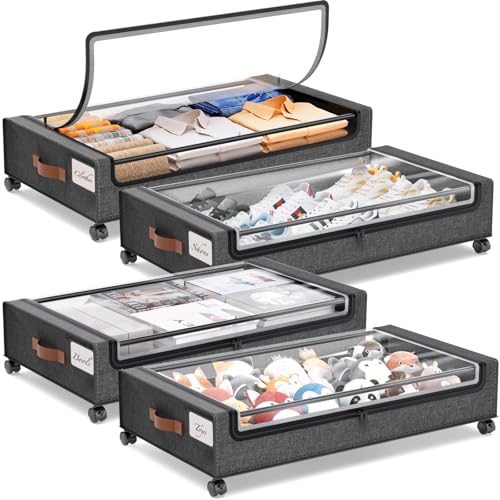 Grey 4-Pack Under Bed Storage Containers with Wheels & Clear Windows