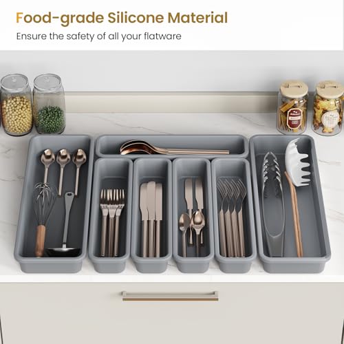 7 Pack Silicone Silverware Drawer Organizer - DIY Customizable, Heat-Resistant Up to 200°C, Anti-Slip, Moisture-Proof Kitchen Utensil Tray - Grey