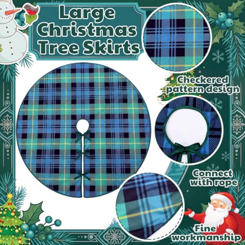 Poen 48 Inch Blue Green Tartan Plaid Christmas Tree Skirt - Festive Holiday Decor