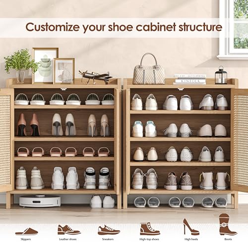 Rattan Shoe Storage Cabinet 5-Tier Entryway Organizer with Doors