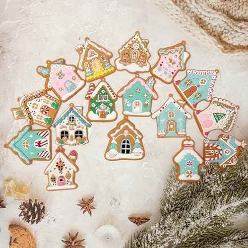 Soft Gingerbread House Ornaments - 16pcs Fake Christmas Cookies, Cute Gingerbread Man Figurines with Cord for Xmas Tree