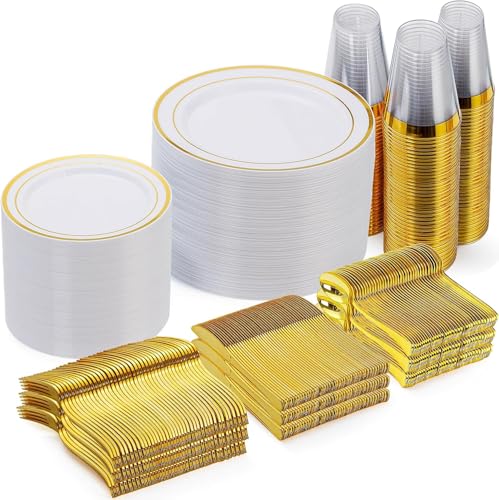 Goodluck 600 Pieces Gold Disposable Plastic Plates for 100 Guests
