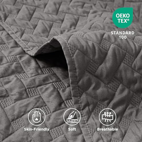 Oversized King Quilt Set with Basket Weave Pattern - Grey, 120x120 Inches - Lightweight Bedspread & Pillow Shams