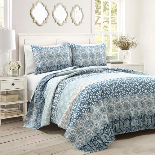 Reversible Cotton Quilt Set - Bohemian Stripe Bedding, Full/Queen, Navy & Blue - 3 Piece