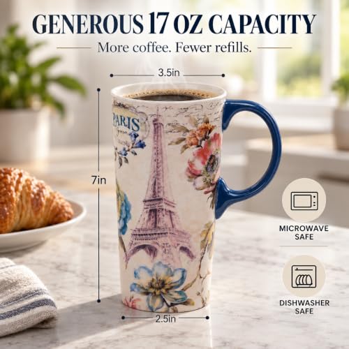 Topadorn 2 Pack Ceramic Travel Mug Set, 17oz Floral Cup, Gift for